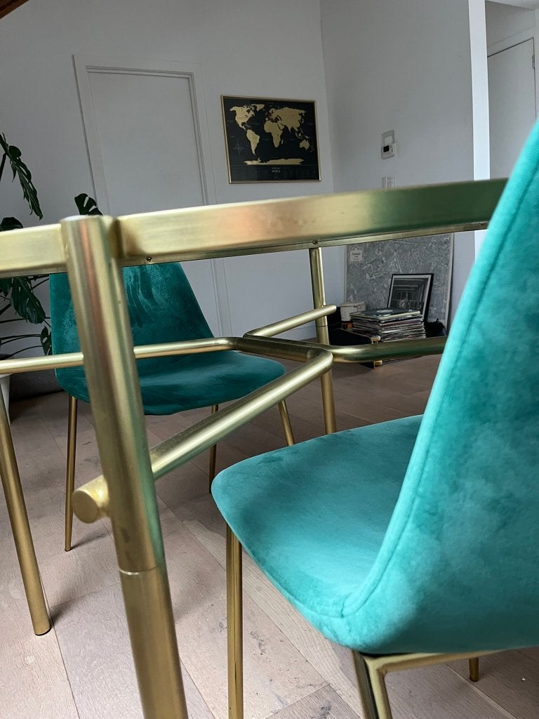 Ronde tafel in messing en getint glas, Ophalen, Vintage - retro, Rond, Zo goed als nieuw