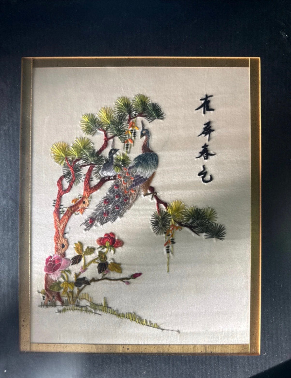 Ingelijst vintage Chinees zijden borduurwerk Pauwen en retro, Ophalen, Achter glas, Vintage, Zo goed als nieuw