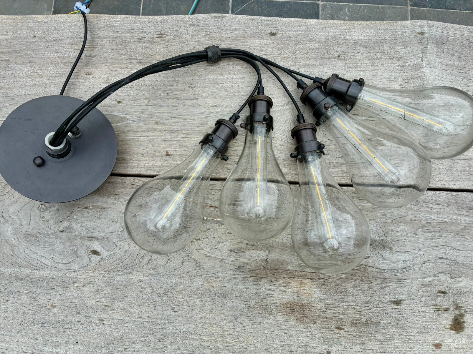 Moderne industriële luster, Huis en Inrichting, Lampen | Hanglampen, Ophalen, E27 (groot), Zo goed als nieuw, Glas