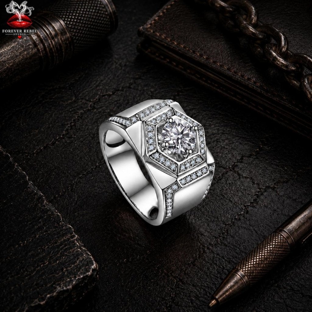 Rocco Imperium Zilver Moissanite 925 Zilver - Diverse Maten, Bijoux, Sacs & Beauté, Neuf, Avec pierre précieuse, Homme, Argent