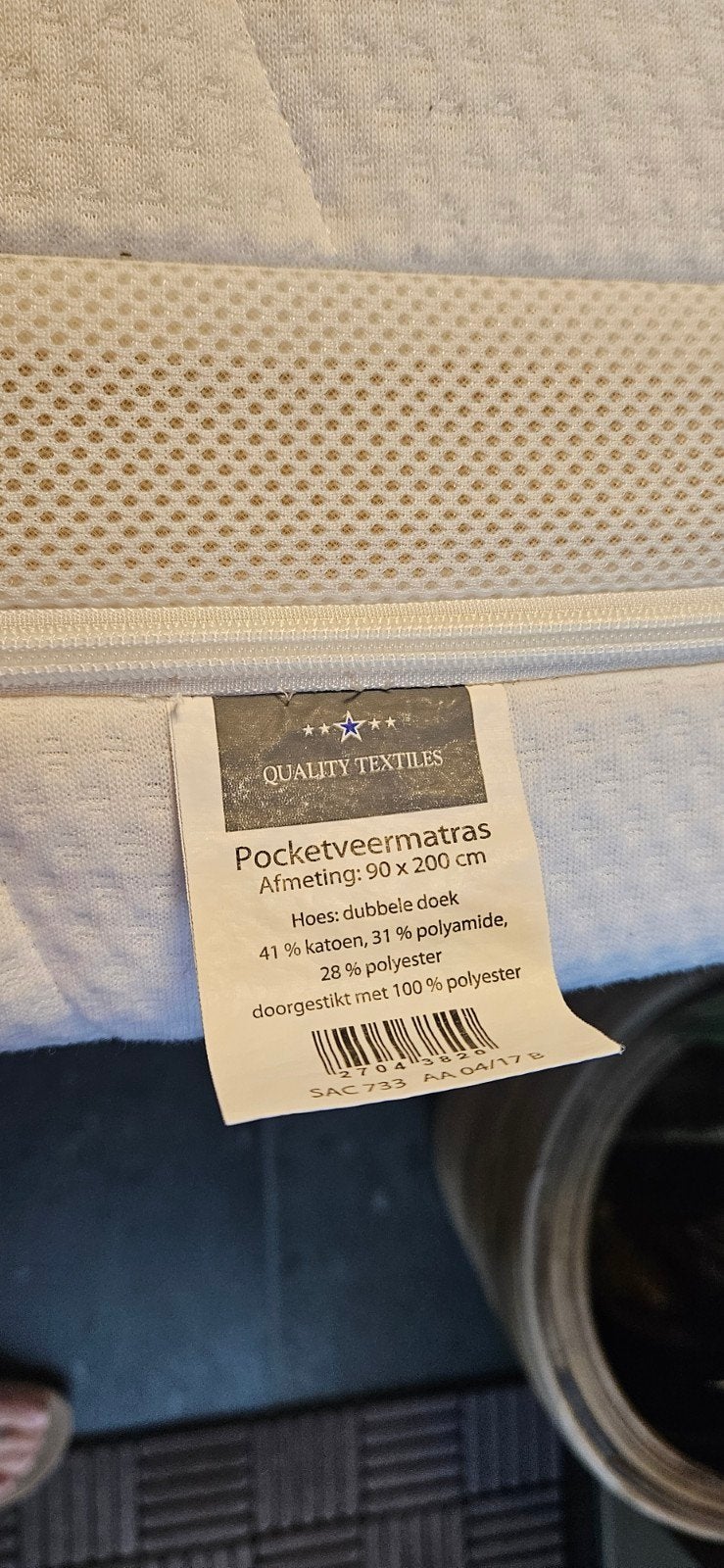 1Persoons pocketveermatras, hoes met dubbel doek., 90 cm, Matelas, Une personne, Enlèvement