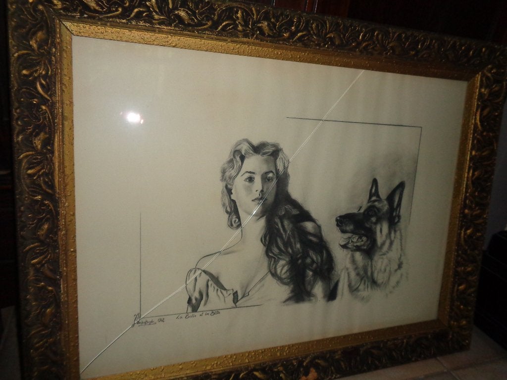 J. Vandenberghe (1930)-«La Belle et la Bête»-Voir PIRON, BAS, Antiquités & Art, Enlèvement ou Envoi, Peint à la main