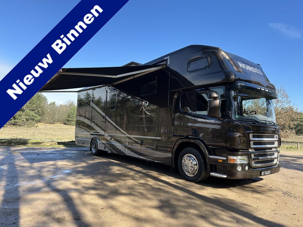 Scania P380 20,5T ROELOFSEN 6-paards paardenvrachtwagen Slid, Autos, Camions, ABS, Caméra de recul, Air conditionné, Verrouillage central