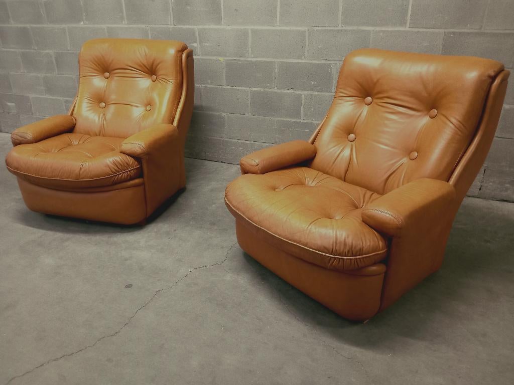 Vintage jaren 70 lederen fauteuils, Huis en Inrichting, Ophalen, Gebruikt, Leer