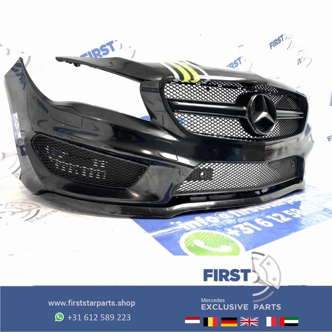 W117 CLA45 45 AMG VOORBUMPER ZWART COMPLEET + AMG GRIL ORIGI, Gebruikt, -, Voor, Ophalen of Verzenden