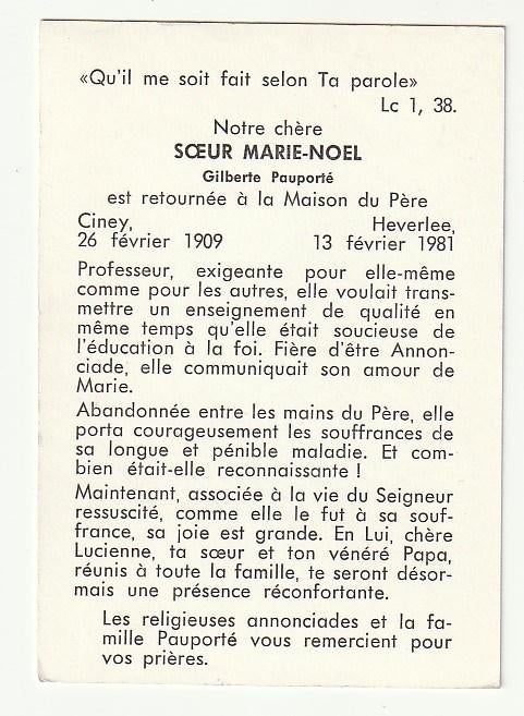 Zuster Marie Noel Pauporté Ciney 1909 Heverlee 1981, Verzenden, Bidprentje