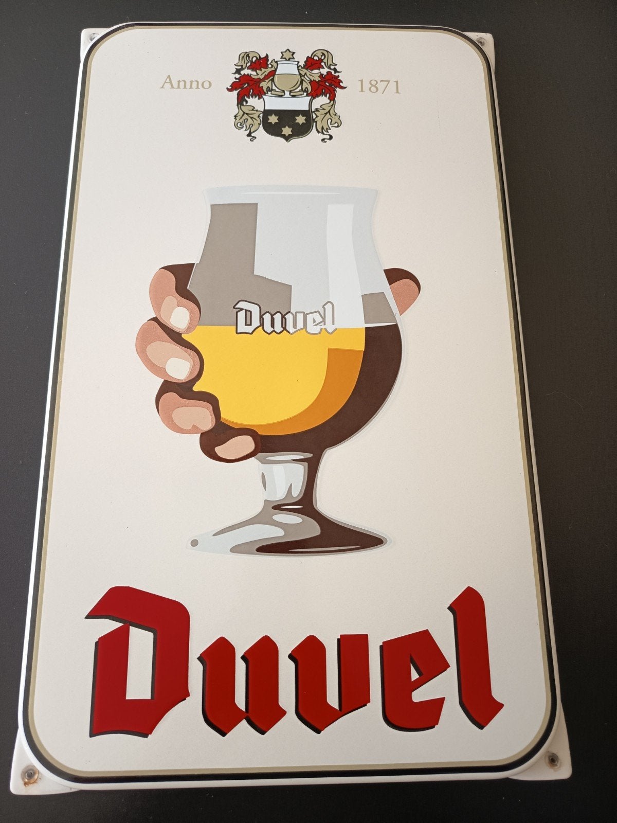 Duvel bord email., Verzamelen, Ophalen, Duvel