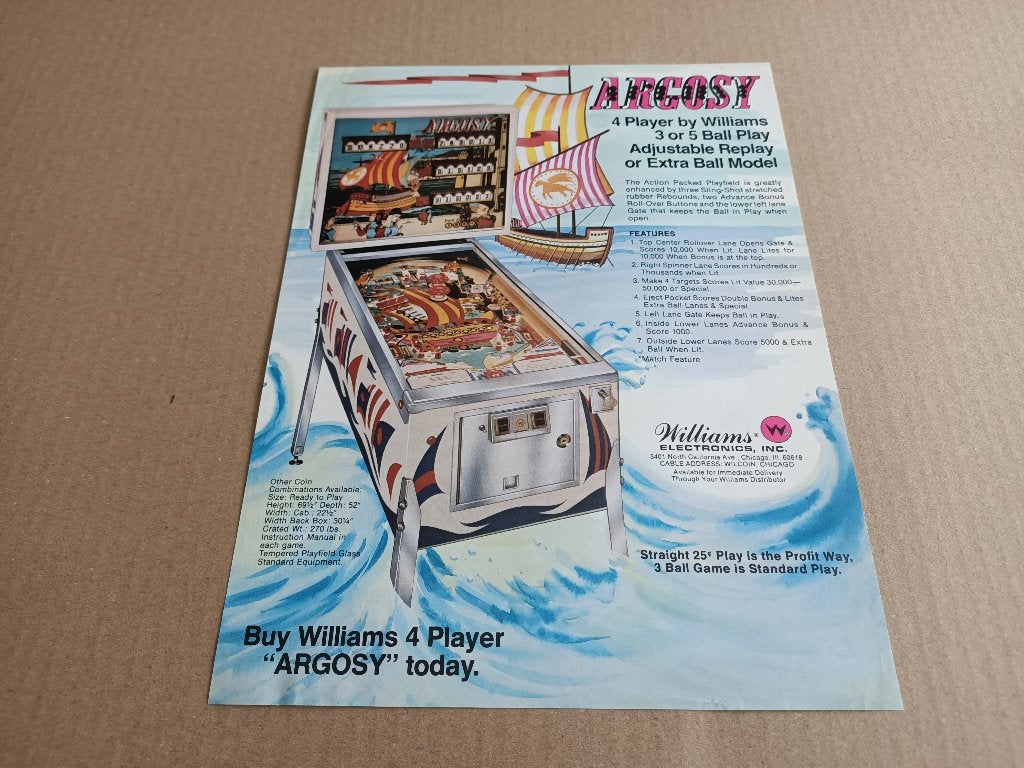 Flyer: Williams Argosy (1977) Flipperkast, Verzamelen, Automaten | Flipperkasten, Verzenden, Flipperkast, Williams