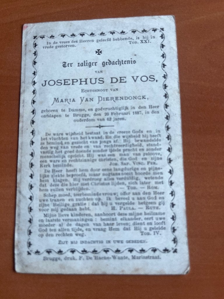 Rouwkaart J.Devos  Damme 1825 + Brugge 1887, Verzamelen, Bidprentjes en Rouwkaarten, Verzenden, Rouwkaart