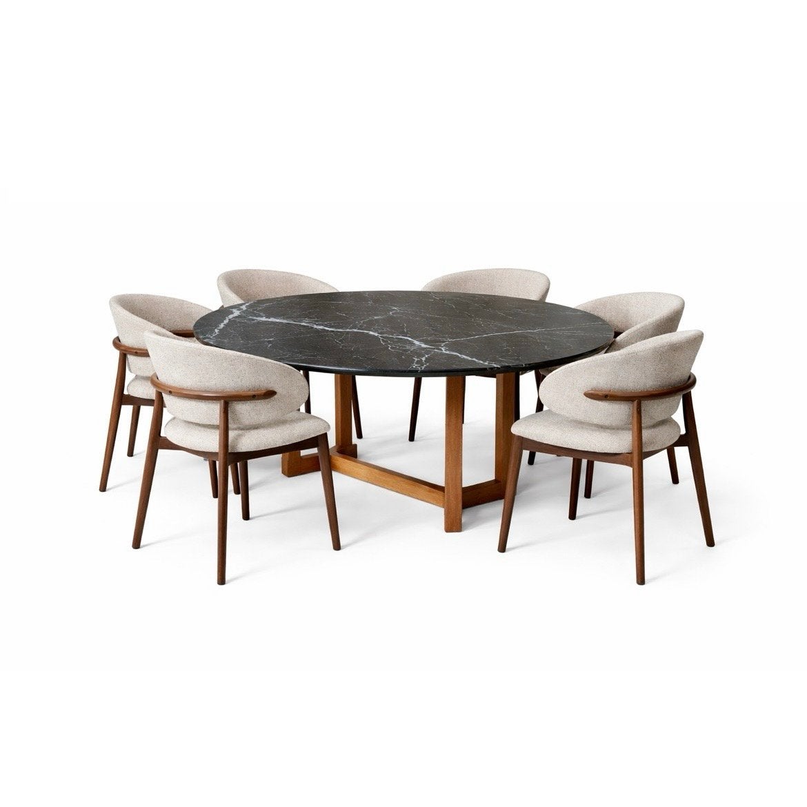 Eetkamertafel rond 160 zwart marmer met poot van eigenhout, Huis en Inrichting, Tafels | Eettafels, Ophalen, 150 tot 200 cm, Rond