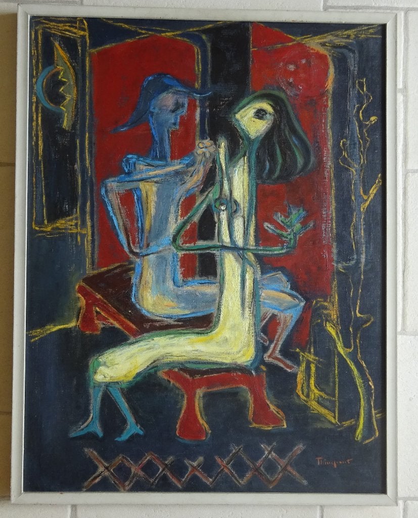 Suzanne Thienpont, doek, Femme et Arlequin 1959, 85x65 cm, Antiek en Kunst, Kunst | Schilderijen | Modern, Ophalen