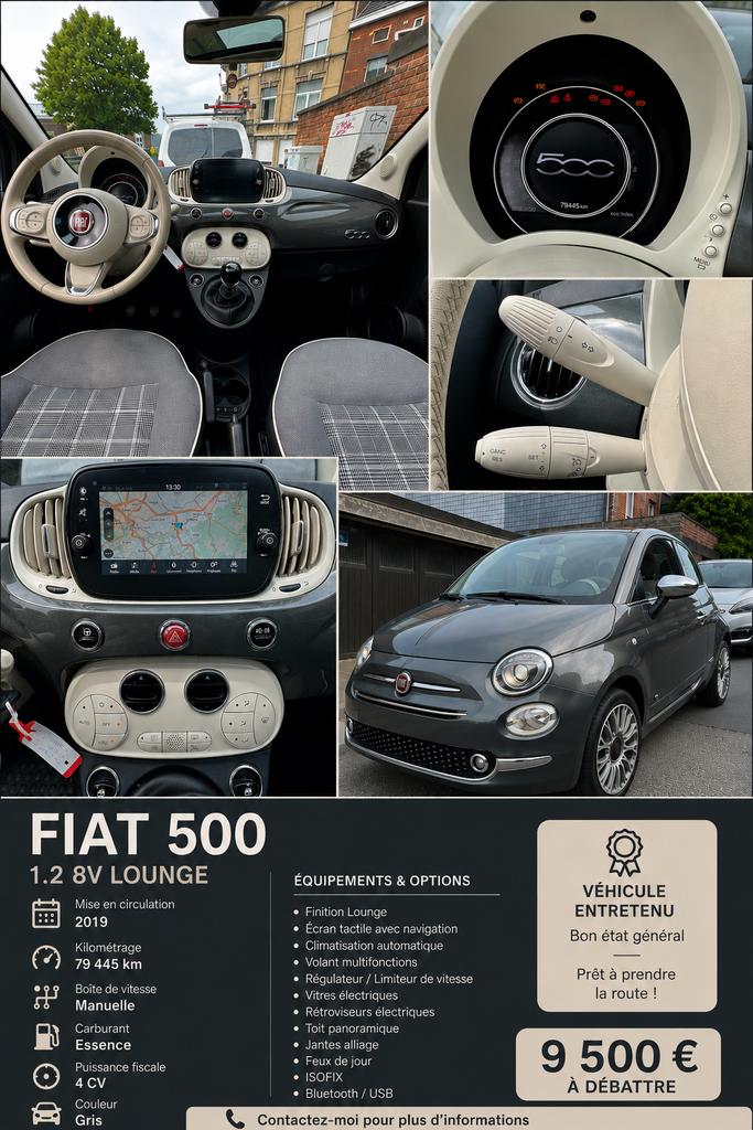Fiat 500 2019 Louge 80.000km, Autos, Achat, Particulier, 3 portes, Essence
