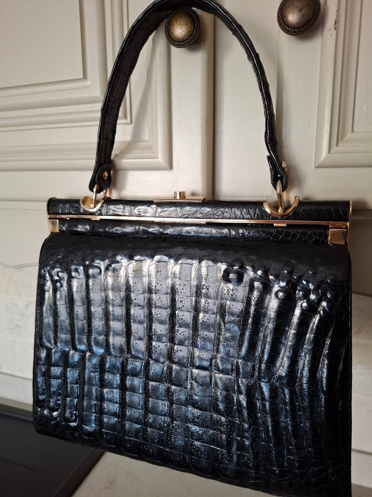 vintage handtas in echt croco leder, Ophalen of Verzenden, Zo goed als nieuw, Zwart, Handtas