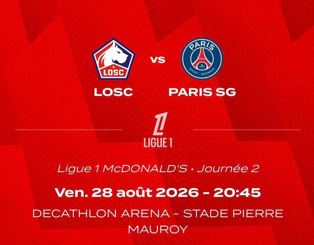 Te koop 6 tickets Lille OSC - PSG (Ligue 1) 28 augustus 2026, Losse kaart, Drie personen of meer, Augustus