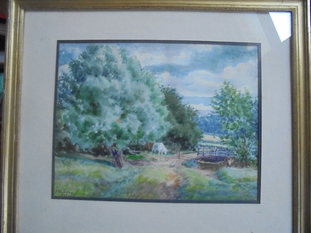 Alfred Hazledine  1876 - 1956  Aquarel   Bossage met koeien, Envoi