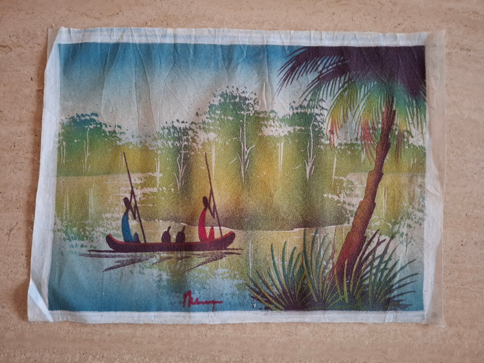 Peinture au sable ancienne du Congo, Antiek en Kunst, Ophalen, Textiel, Gesigneerd, Landschap