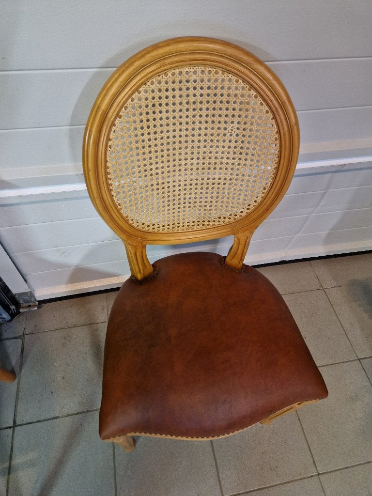 Chaises avec cuir et cannage, Maison & Meubles, Chaises, Médaillon, Comme neuf, Brun, Cinq, Six Chaises ou plus