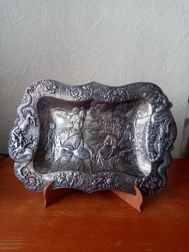 Plaque/plateau déco métal argenté Japonais 1920s, Enlèvement ou Envoi