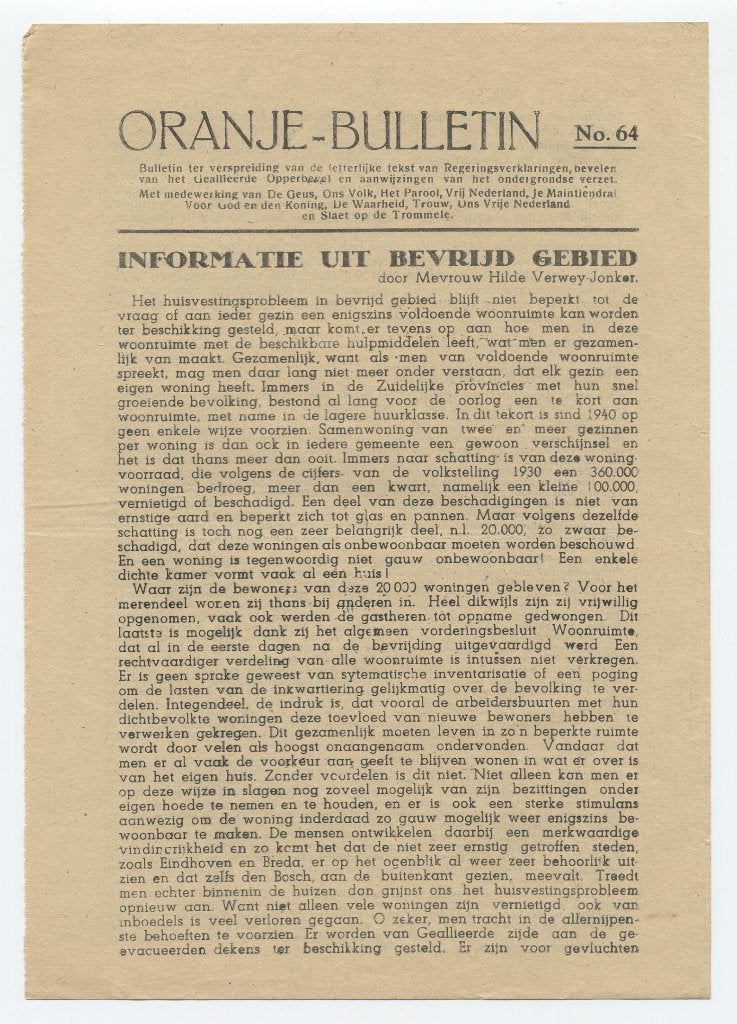 (Illegaal) Oranje bulletin nr.64 1945, Verzamelen, Verzenden, Landmacht, Foto of Poster
