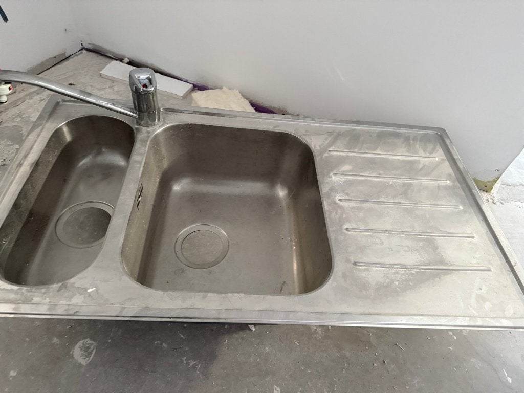 Évier inox double bac + robinet, Ophalen, Gebruikt, Inox, Kraan
