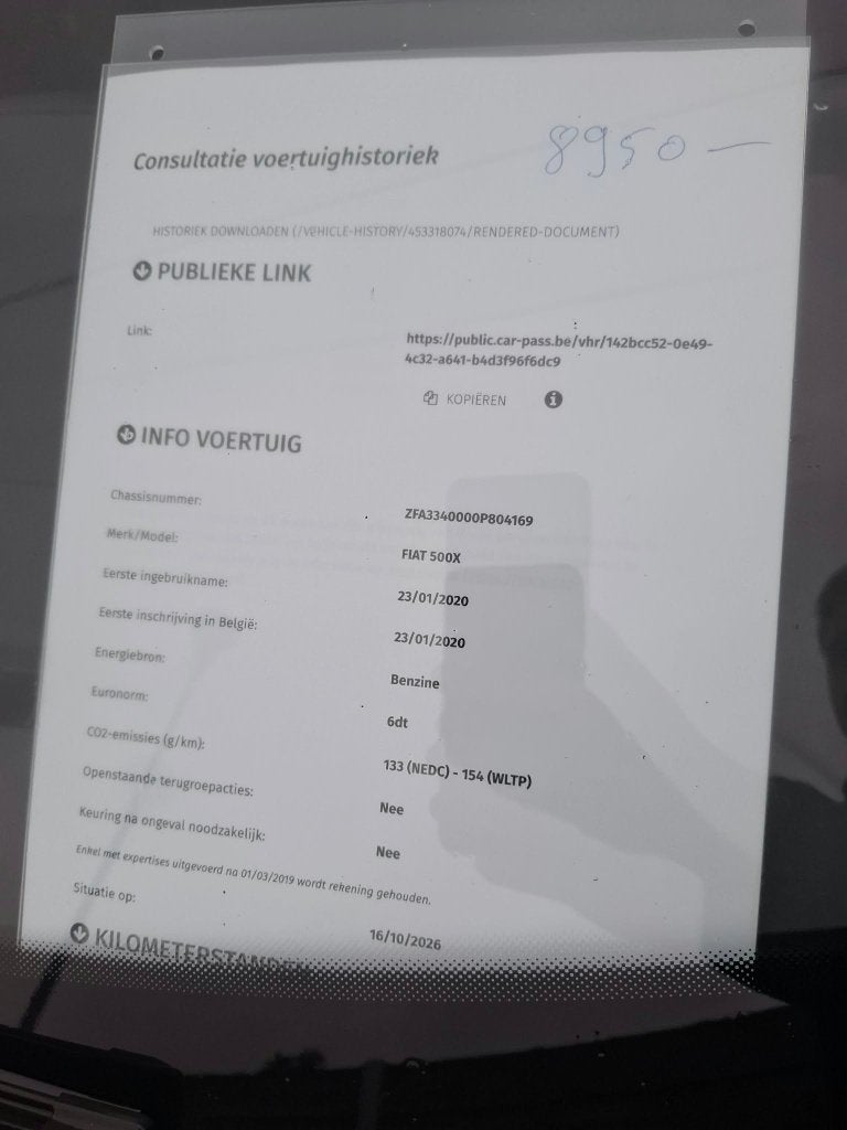 Fiat 500 X van bj 2020 met 98000 km 1000cc benzine, Auto's, https://public.car-pass.be/vhr/142bcc52-0e49-4c-a641-b4d3f96f6dc9