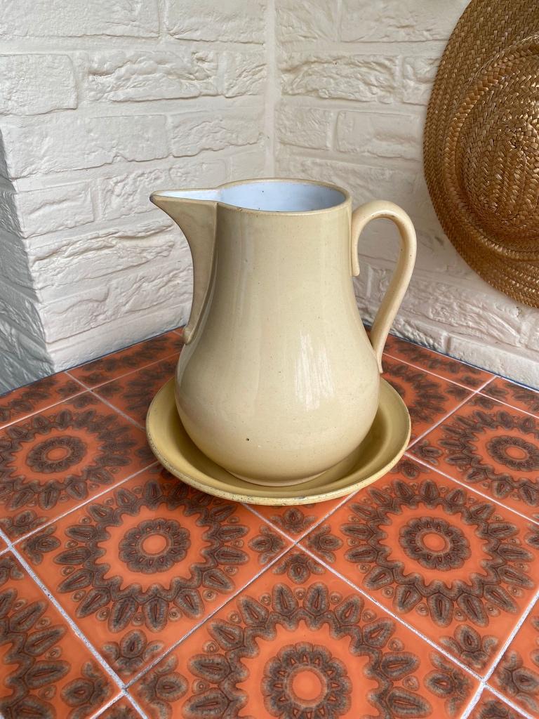 carafe à lampe vintage avec soucoupe, Jaune, Utilisé, Pierre/céramique, Campagnard