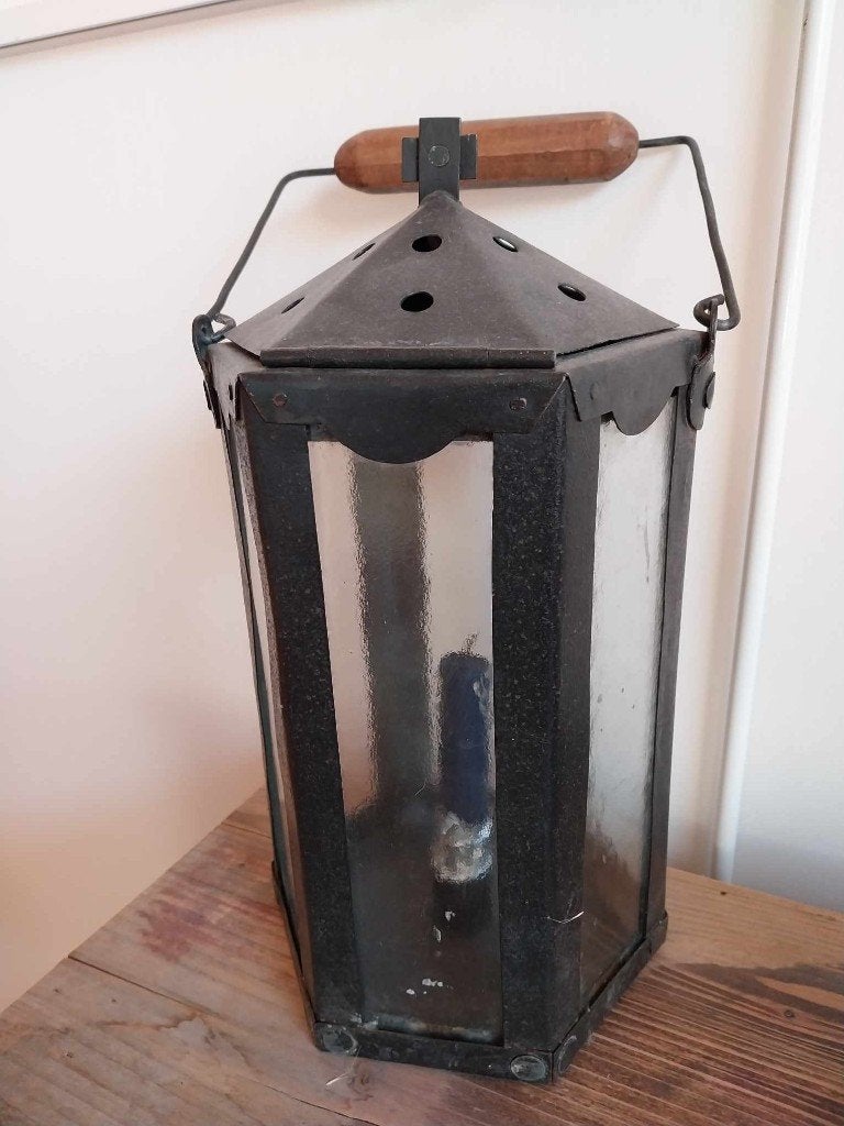 zwart metalen kaarsenhouder met handvat retro, Huis en Inrichting, Ophalen, Gebruikt, Zwart, Glas