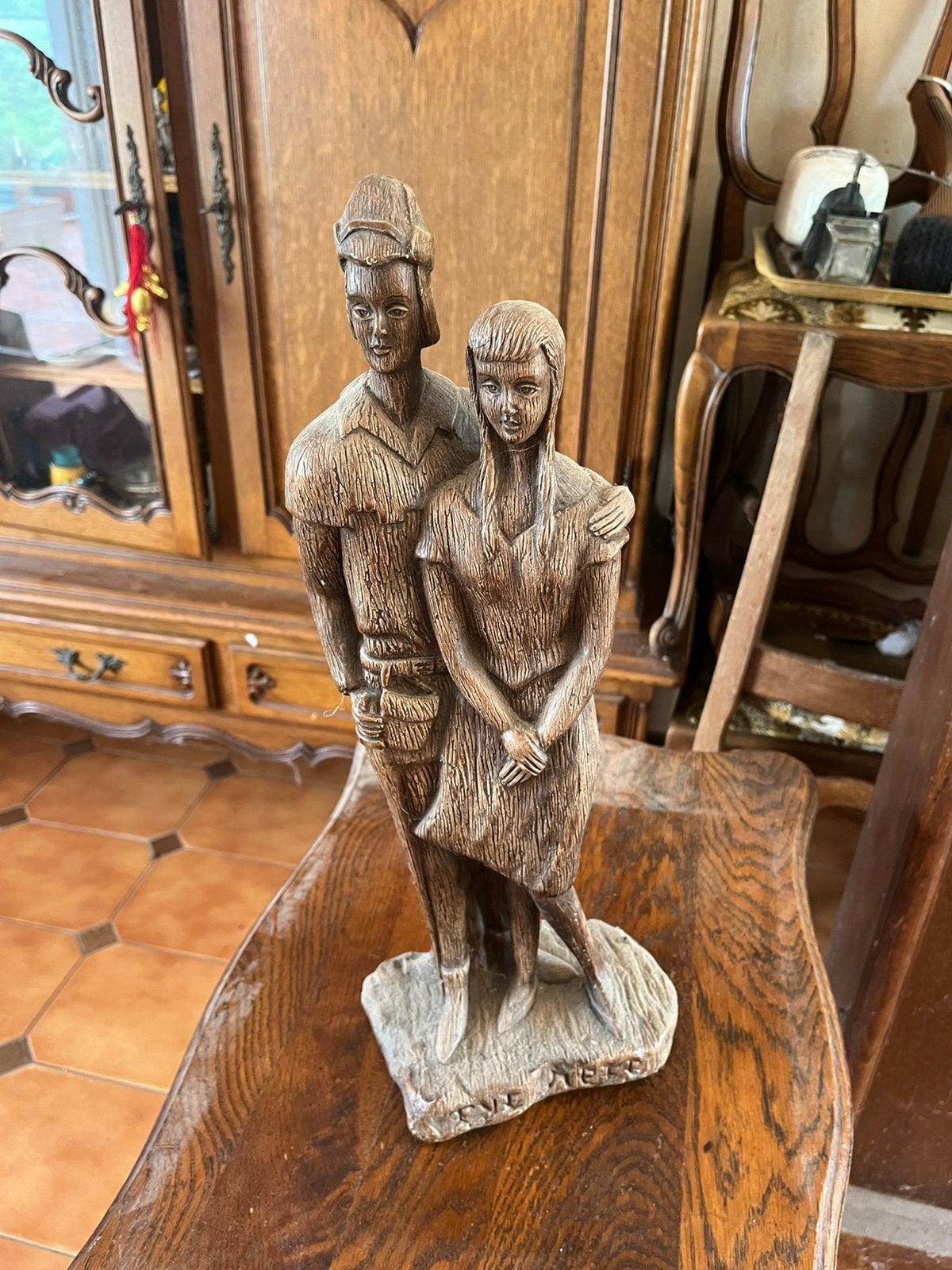 Tijl Uilenspiegel en Nele vintage Vlaamse houten sculptuur, Ophalen, Gebruikt, Hout, Bruin