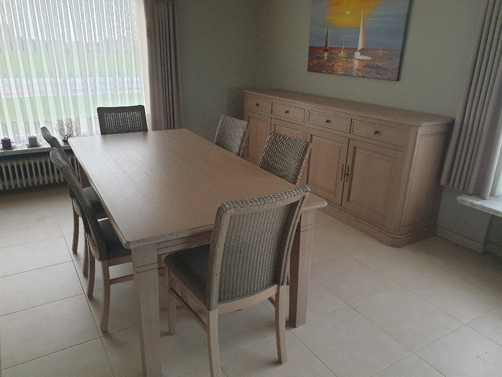 Eetkamer, Ophalen, Nieuw, Franse eik grijs massief hout, 4 tot 6 stoelen