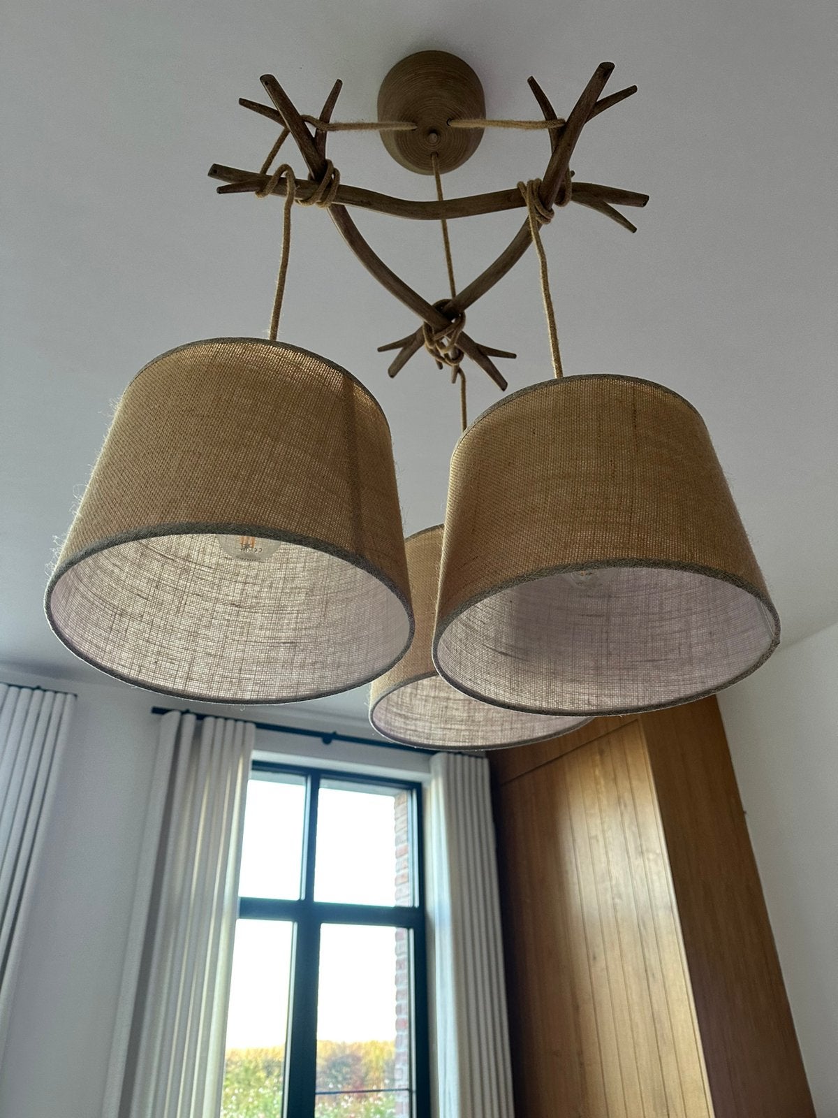 Plafondlamp landelijke hout jutte stof light&living, Rond, Zo goed als nieuw, Textiel, Ophalen