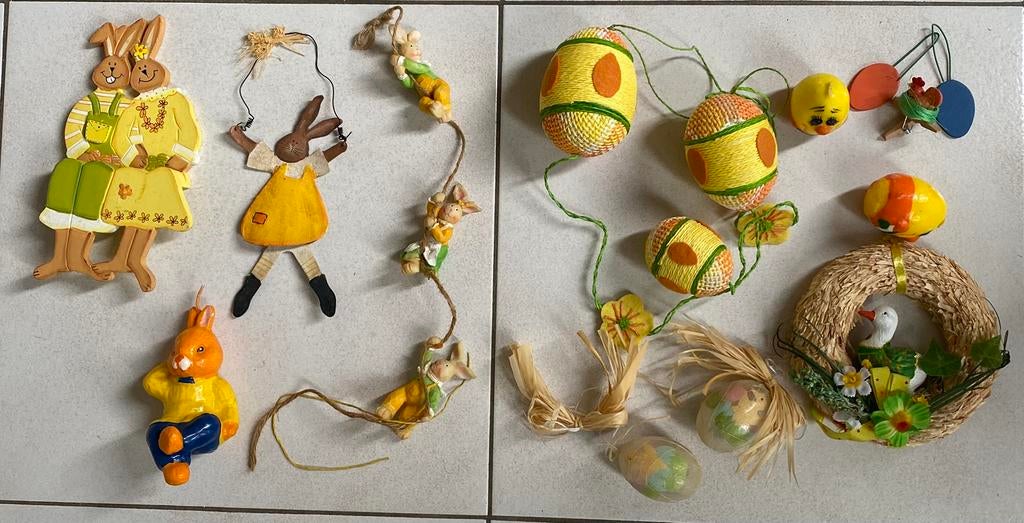 Set paasdecoraties (hout, metaal, hars), Diversen, Pasen, Ophalen of Verzenden, Zo goed als nieuw