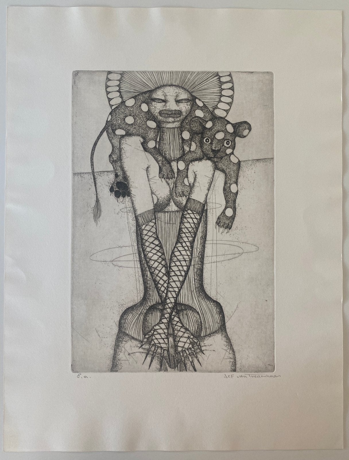 "Dresseur au félin" Jef van Teurenhout E.A., Antiquités & Art, Eau-forte, Enlèvement ou Envoi, 1950 - 1999, Signé
