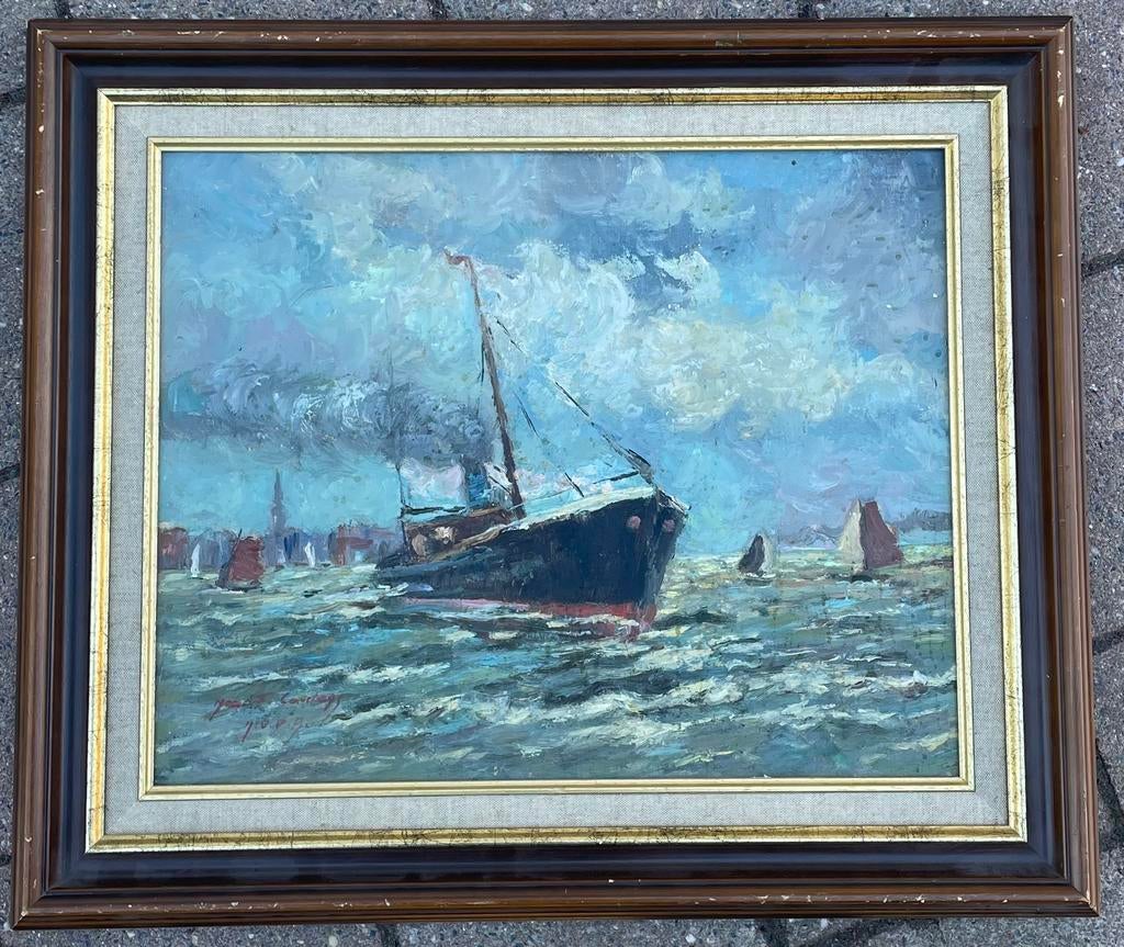 Stoomboot marine schilderij Antwerpen  franz courtens, Antiek en Kunst, Ophalen