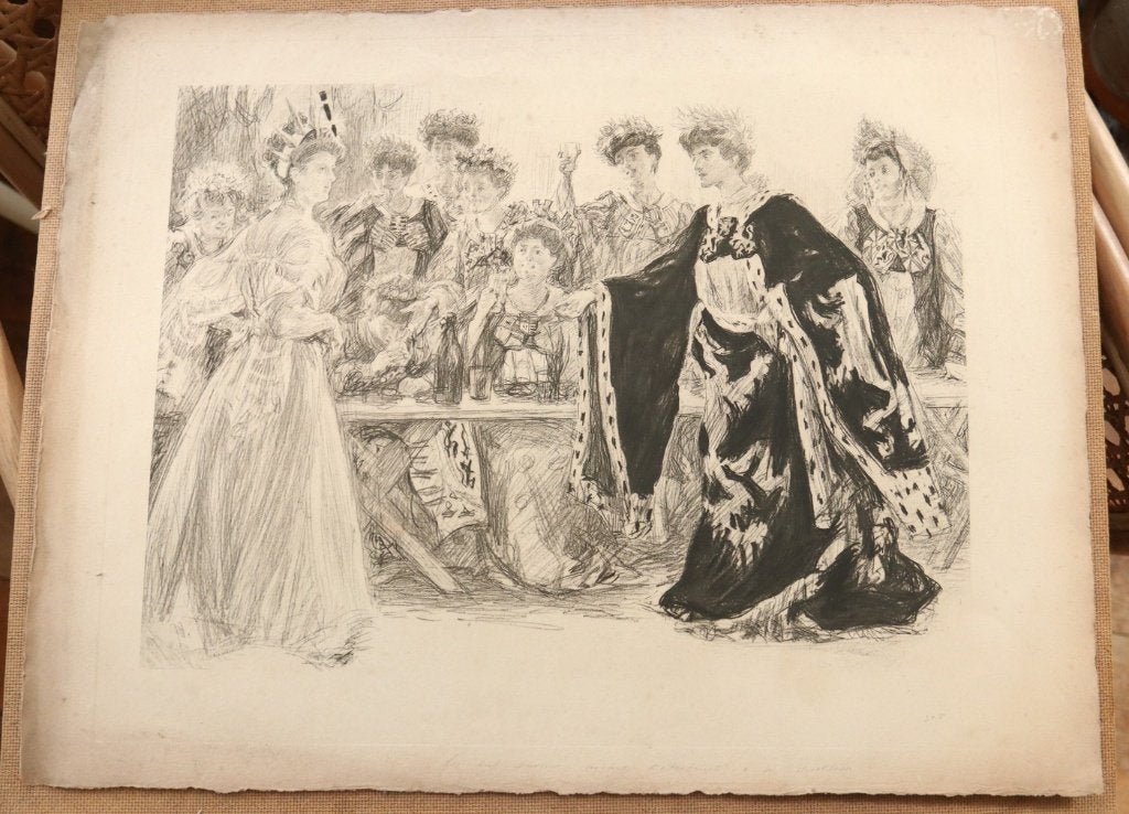 Prent hofdames aan een feestmaal, diepdruk ca. 1900–1910, Antiek en Kunst, Ophalen, Dagelijks leven, Ets, Origineel