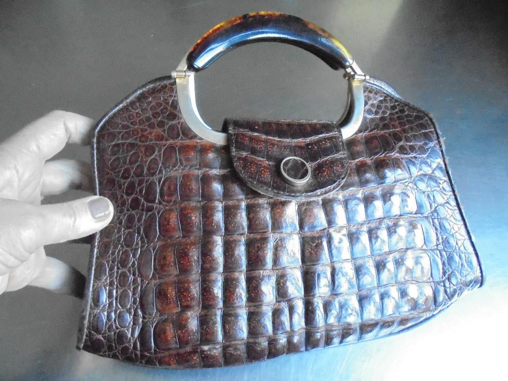 Élégant petit sac à main marron cuir crocodile véritable IRV, Enlèvement ou Envoi, Utilisé, Brun, Sac à main