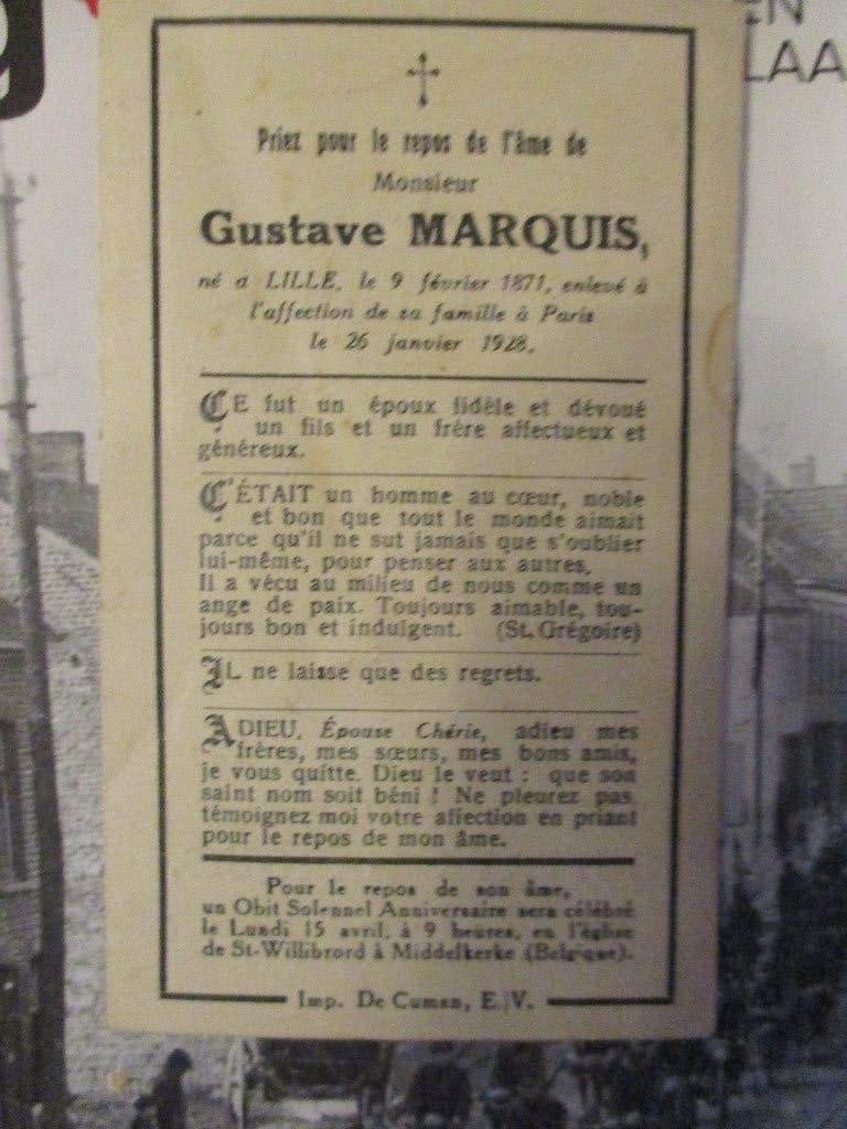 oorlogsslachtoffer Gustave Marquis (Fr.)1928, Verzamelen, Bidprentjes en Rouwkaarten, Verzenden, Bidprentje