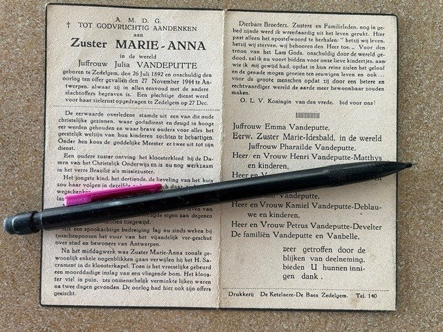 40-45 Victime civile du V2 Bombe sur Anvers 27/11/1944, Enlèvement ou Envoi, Image pieuse