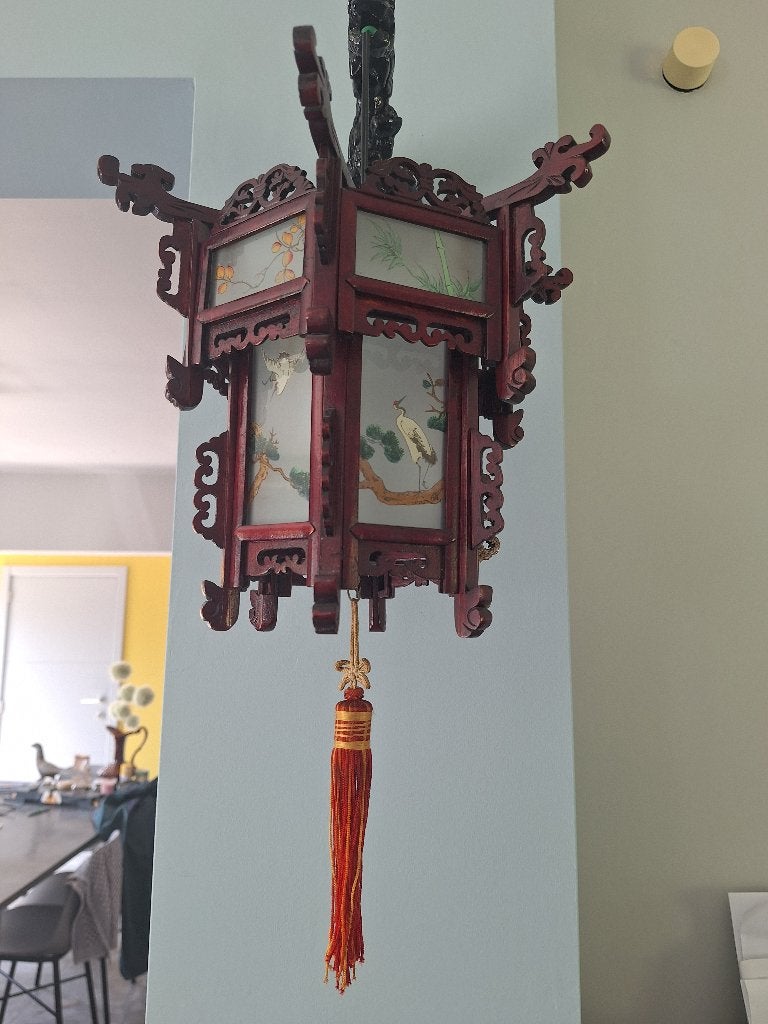 Vintage Chinese wandlantaarn + draak – handgeschilderd glas, Ophalen