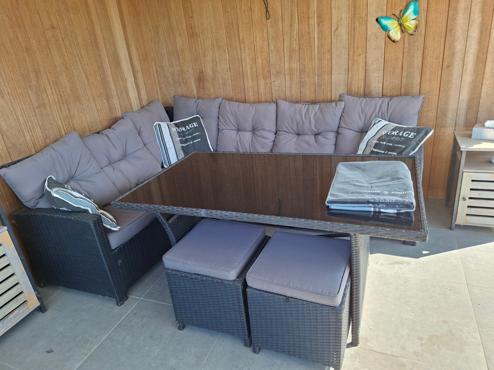 Bois le duc loungeset met eettafel +opbergkist voor kussens, Tuin en Terras, Tuinsets en Loungesets, Ophalen, Kunststof, Gebruikt