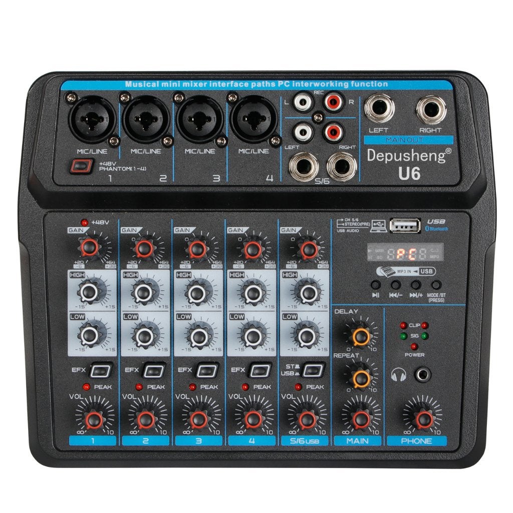 U6 Audio Mixer - 6-Kanaals-USB-Bluetooth-48V Fantoomvoeding, Muziek en Instrumenten, Microfoons, Zo goed als nieuw, Instrumentmicrofoon