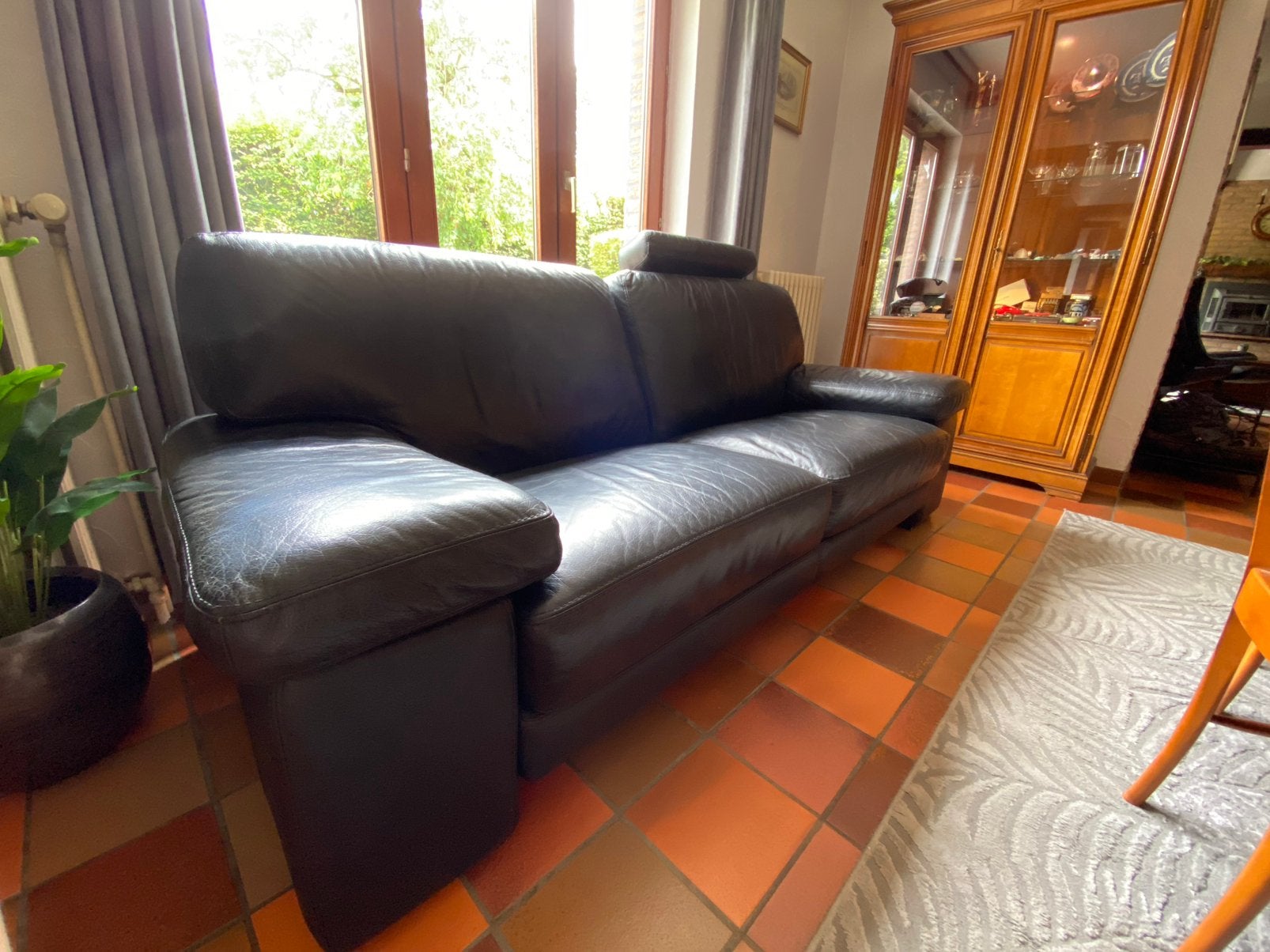3-zit sofa in zwart buffelleder, Ophalen, Gebruikt, Leer