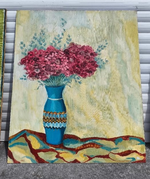 Huile sur panneau fleurs signe Lili Mallet hecq, Enlèvement ou Envoi, Fleurs, Panneau
