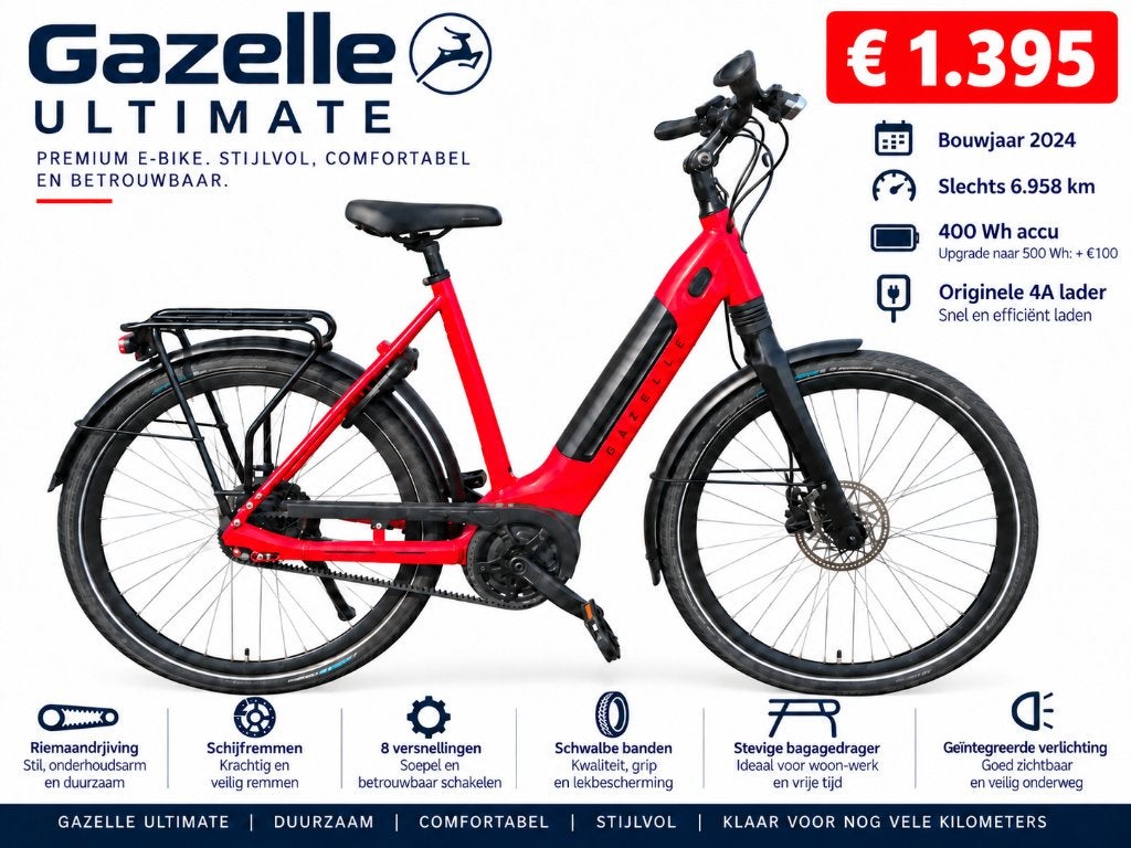 Gazelle Ultimate – Bosch middenmotor – Riem –MT57, Fietsen en Brommers, Ophalen, Zo goed als nieuw, 50 km per accu of meer, 55 tot 59 cm