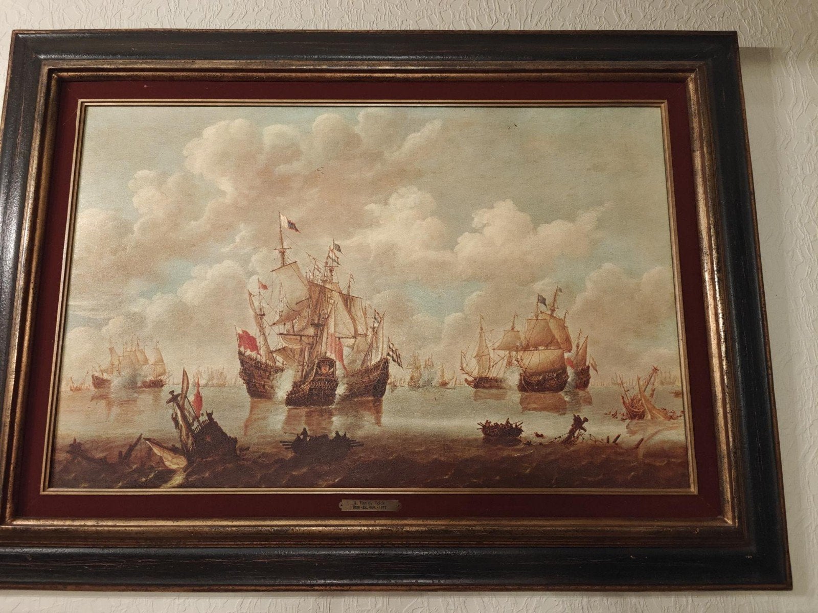 Mooi schilderij met boten met prachtige kader., Ophalen, Oud hollands, Maritiem / water