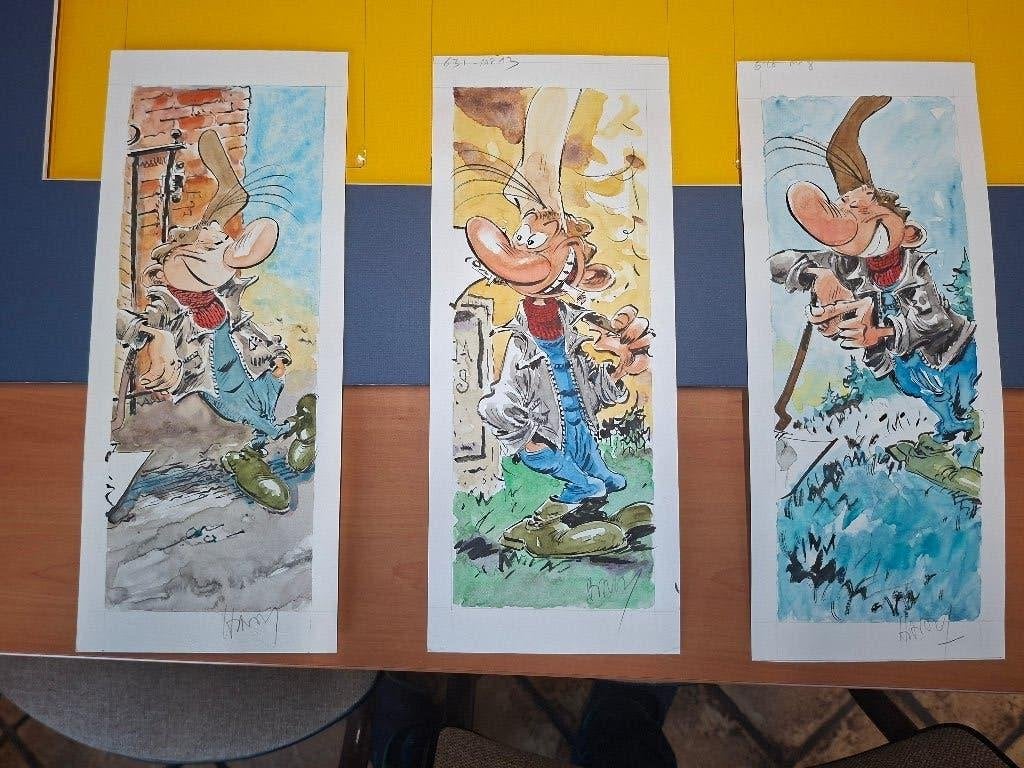 Lot de 3 dessins originaux de Pierre Tombal  ( Positions ), Marc Hardy, Nieuw, Ophalen of Verzenden, Meerdere stripboeken