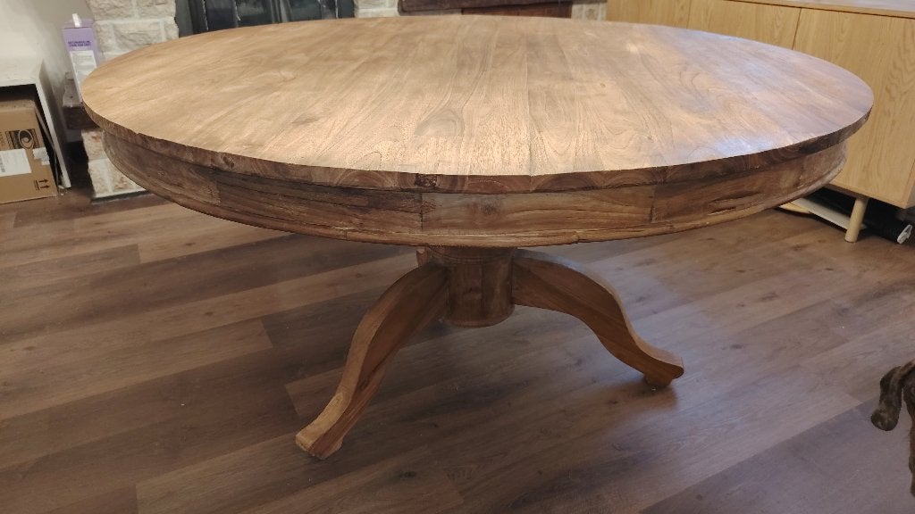 Massief teakhouten ronde eettafel Ø150 cm + 6 stoelen, Teck, 100 à 150 cm, Cinq personnes ou plus, Rond
