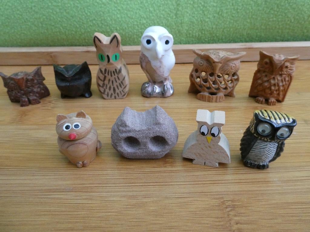 Set van 10 stuks leuke stenen en houten uiltjes, Ophalen of Verzenden, Zo goed als nieuw, Dier
