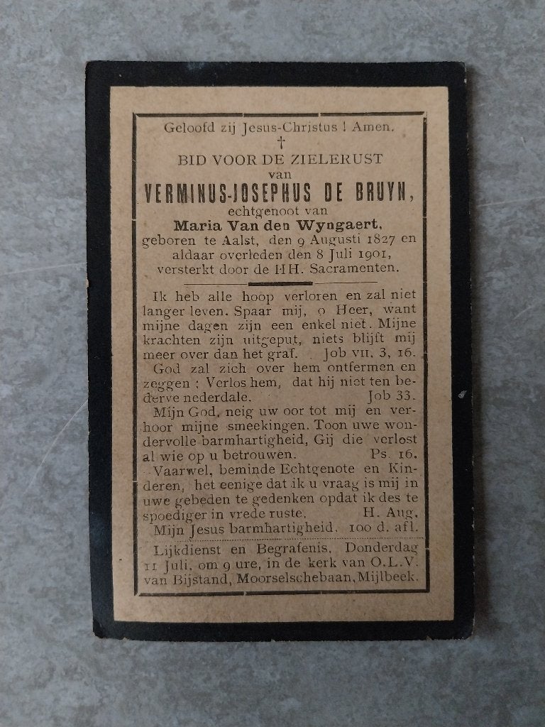Doodsprentje De Bruyn Van Den Wyngaert Aalst 1901, Ophalen of Verzenden, Rouwkaart