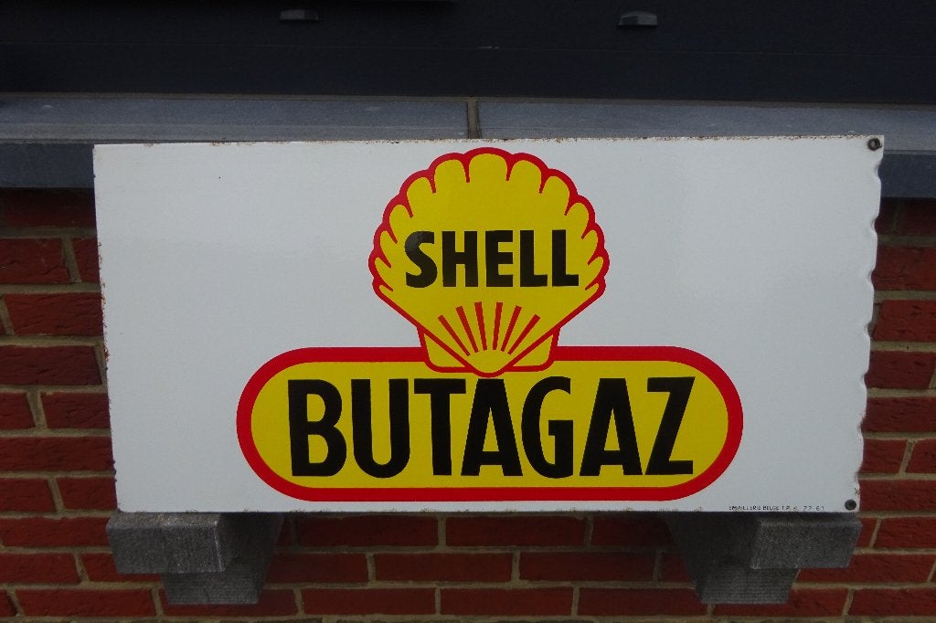 Shell Butagz 1961 plaque émaillée originale double face, Enlèvement, Utilisé, Panneau publicitaire