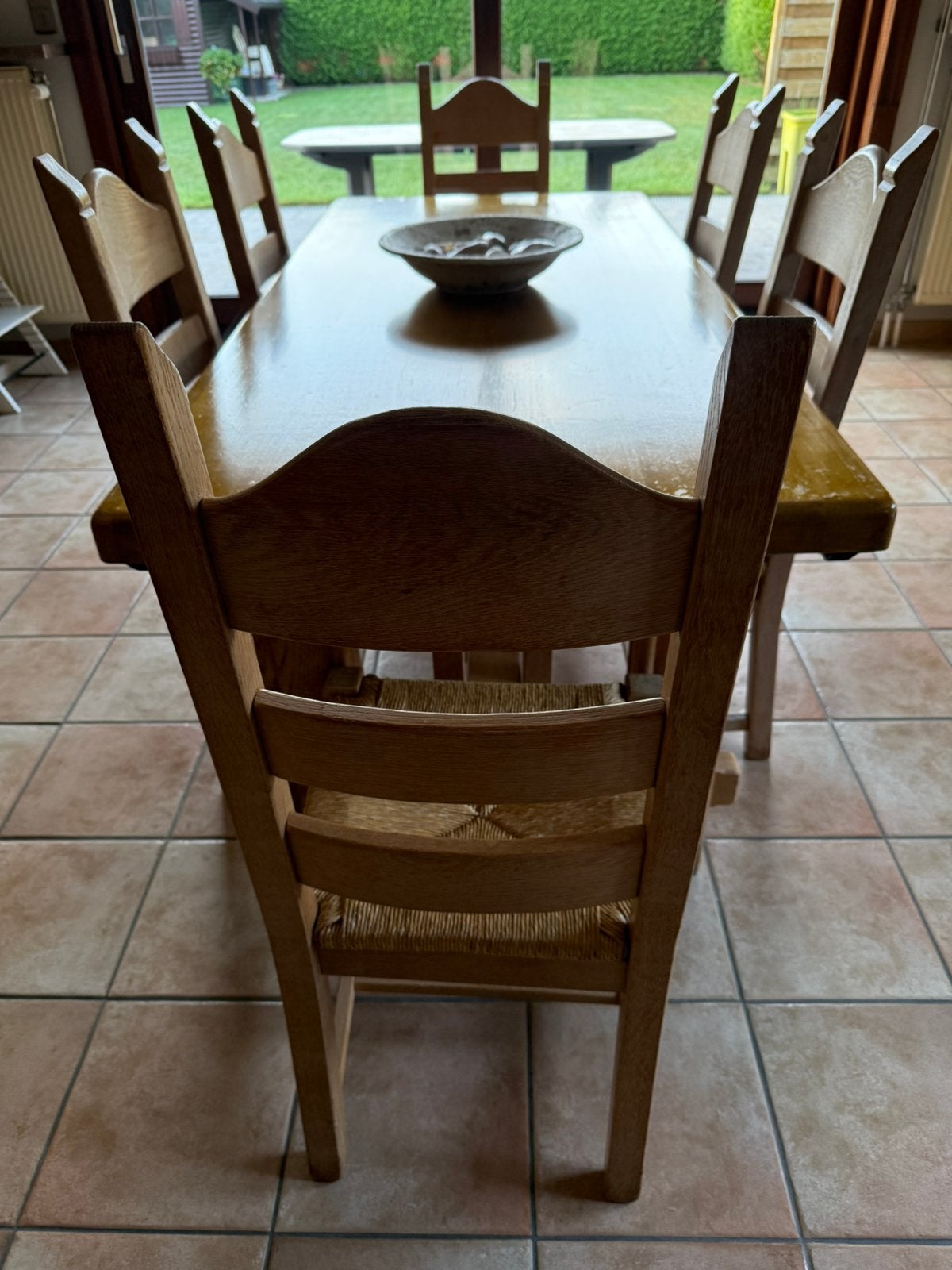 Massief eiken tafel 198 cm plus 6 stoelen, Ophalen, Gebruikt, Klassiek, Eikenhout